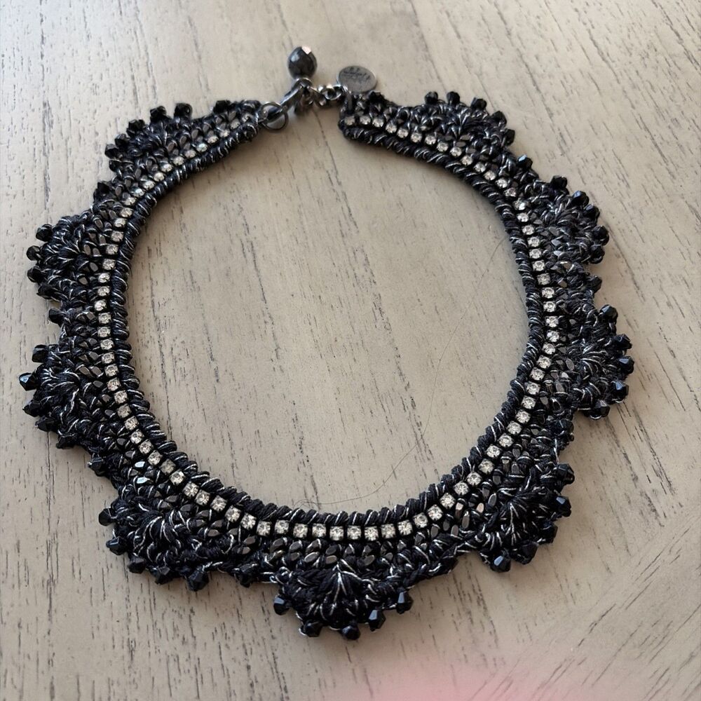 Vanessa Arizaga Necklace/Choker woven chain braid, Rhinestones Black Glass Beads